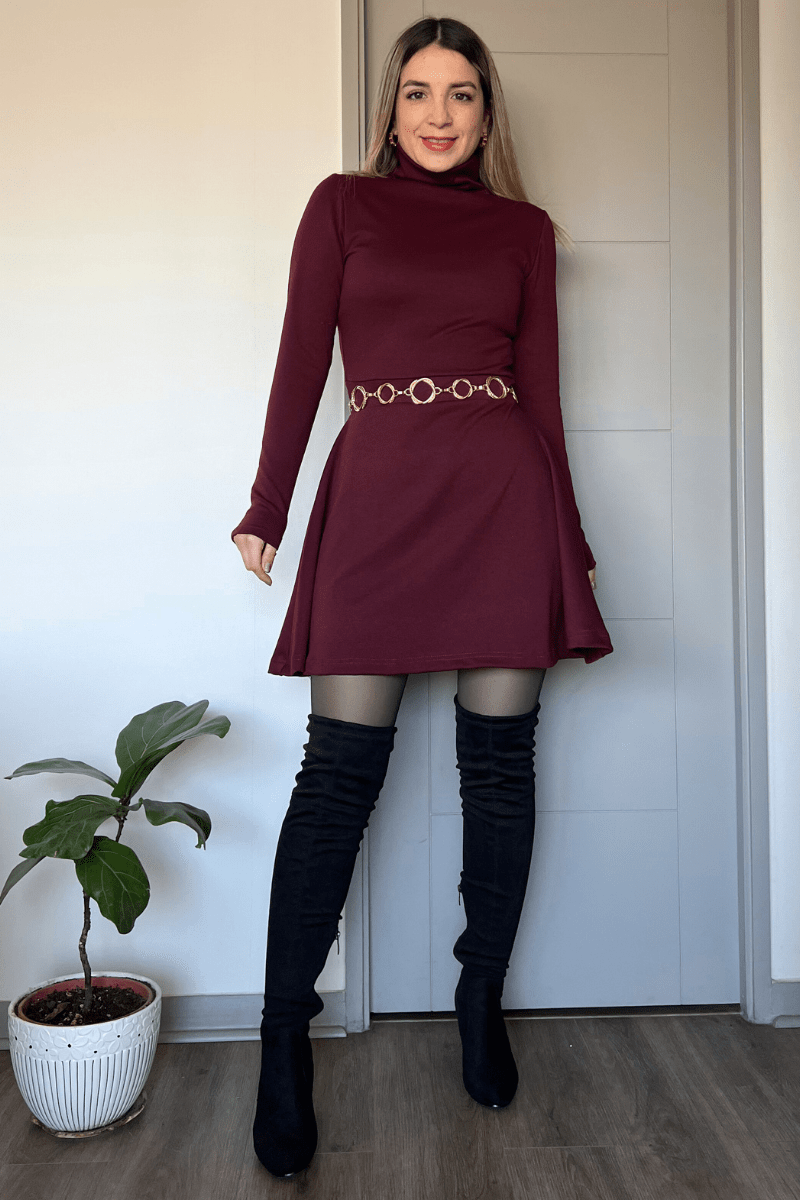 Vestido cuello tortuga corte campana algodón punto roma