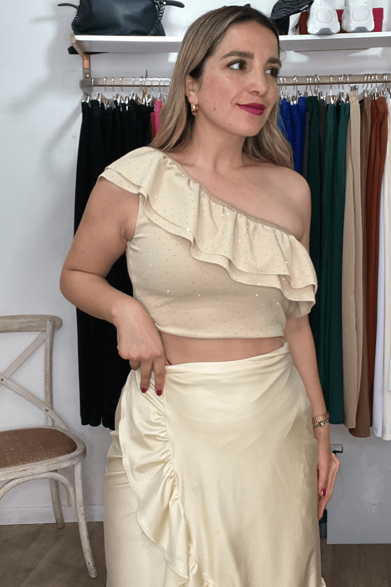 Crop top vuelitos un hombro strass brillante Lucky Collection