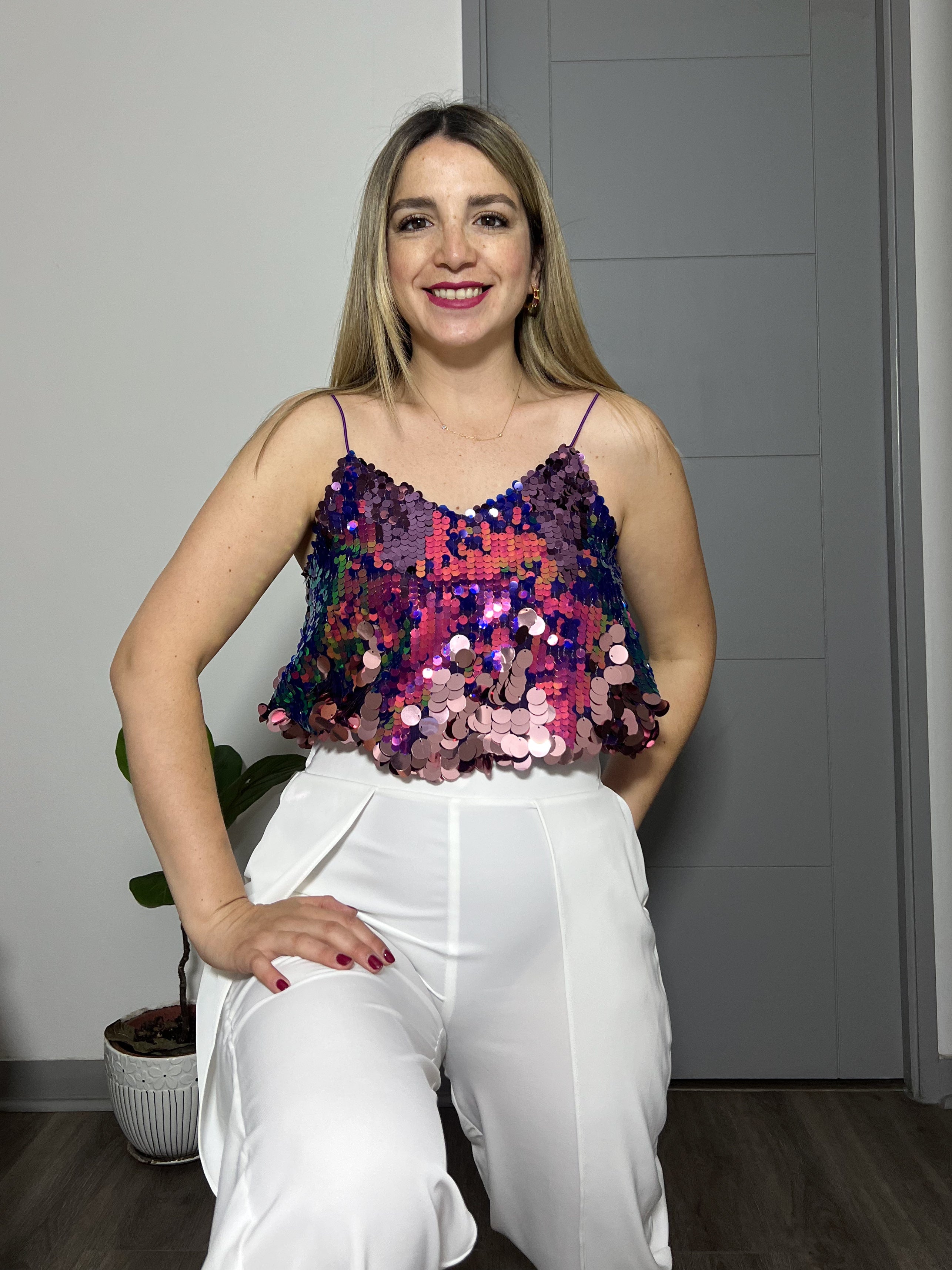 Polera top pabilos lentejuelas grandes