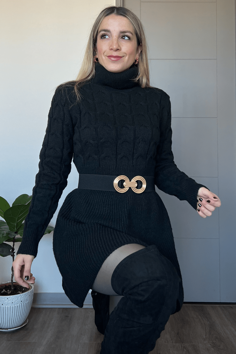 Vestido cuello tortuga corte campana trenzado