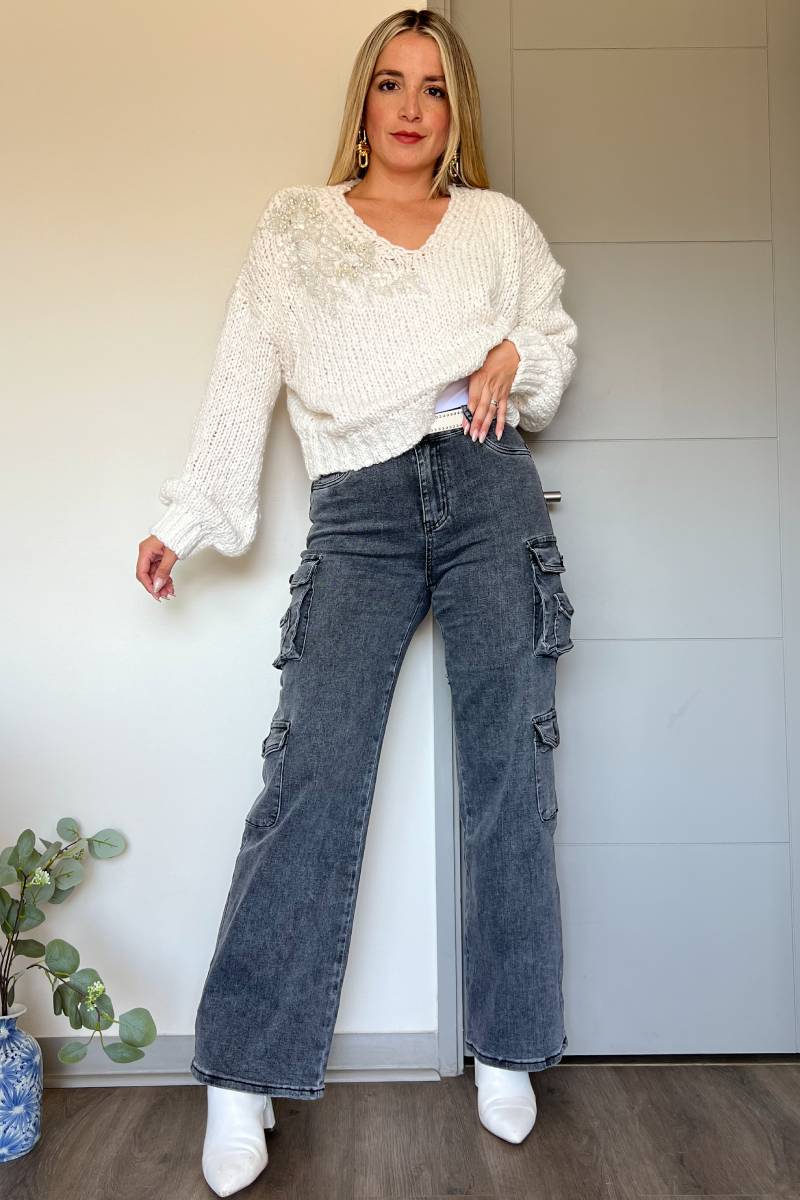 Jeans cargo mujer elasticados y tiro alto