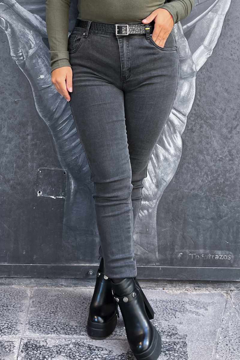 Jeans grisáceo skinny tiro alto premium