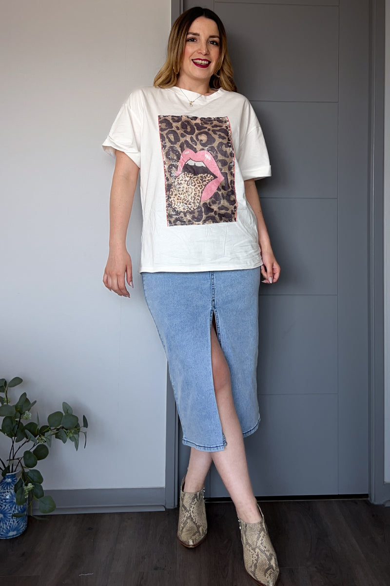 Polera oversize estampado y lentejuelas