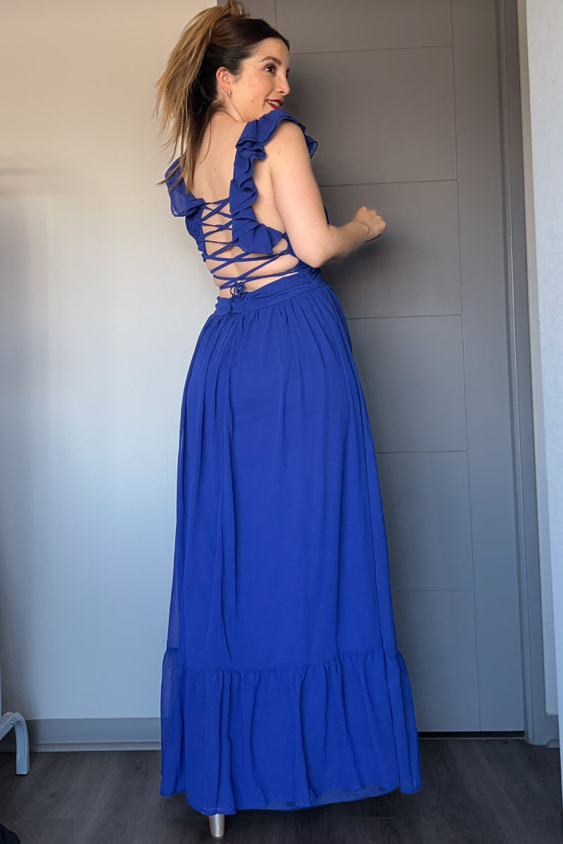 Vestido escote V espalda cruzada y vuelitos