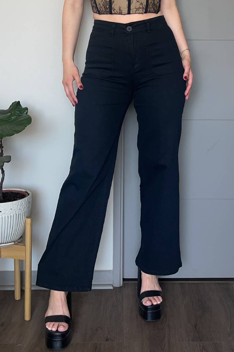 Pantalón jeans wide leg tiro alto elasticados